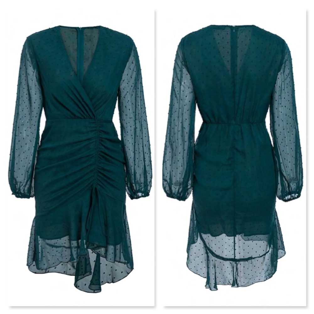 Polka Dot Ruffle Ruched V-Neck Sheath Green Dress - Picture 5 of 8